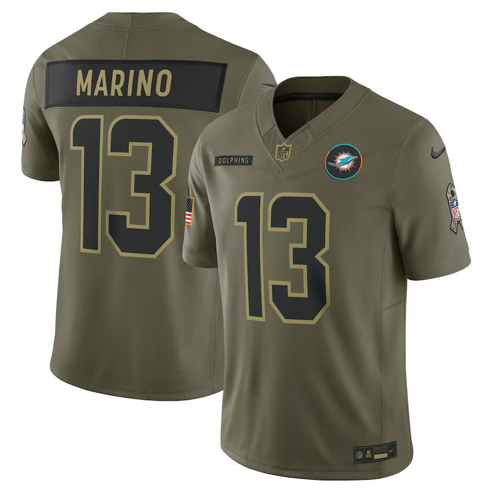 Men's Miami Dolphins #13 Dan Marino Olive 2025 Salute to Service Retired Limited Jersey (Olive)